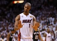 Chris Bosh #1 of the Miami Heat reacts in overtime against the San Antonio Spurs during Game Six of the 2013 NBA Finals at AmericanAirlines Arena on June 18, 2013 in Miami, Florida. (Getty Images)
